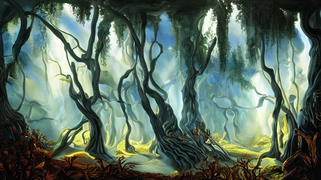 Image similar to A Salvador Dali oil painting of a hauntingly beautiful elven forest in the morning; rays of light coming through the canopy; trending on artstation; extraordinary masterpiece!!!!!!; 8k