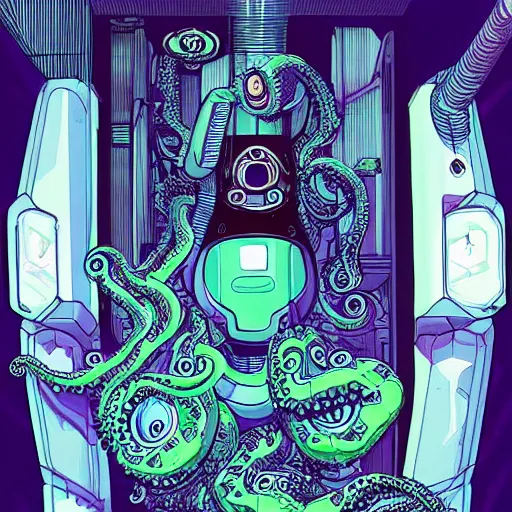 Image similar to robotic Octopus in an airlock, Industrial Scifi, detailed illustration, character portrait, by Martin Grip and Moebius