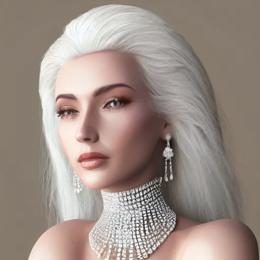 Image similar to portrait of wonderful princess of white diamonds with fair skin, white hair, white flowers, ornate with white diamonds, 8 k, gorgeous, intricate, detailed, glowing white accent lighting, dramatic lighting, octane render