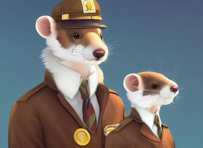 Image similar to character portrait feature of the anthro male anthropomorphic ferret fursona wearing airline pilot outfit uniform professional pilot character design stylized by charlie bowater, ross tran, artgerm, and makoto shinkai, detailed, soft lighting, rendered in octane