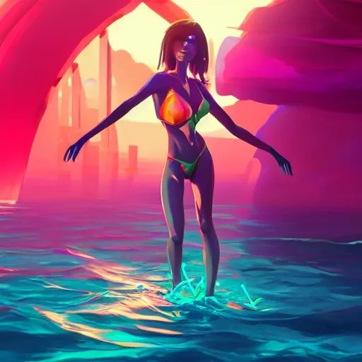 Image similar to neon bikini woman in the ocean | hyperrealistic digital painting by makoto shinkai, ilya kuvshinov, lois van baarle, rossdraws | afrofuturism in the style of hearthstone and overwatch, trending on artstation