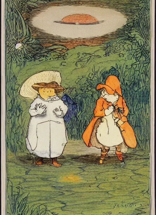 Image similar to half morning, half night, half moon, half sun, illustrated by peggy fortnum and beatrix potter and sir john tenniel