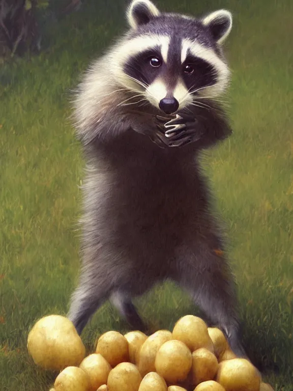 Image similar to A ultradetailed beautiful panting of a very cute racoon with a playful smile stealing a bag of potatoes, oil panting, high resolution 4K, by Ilya Kuvshinov, Greg Rutkowski and Makoto Shinkai