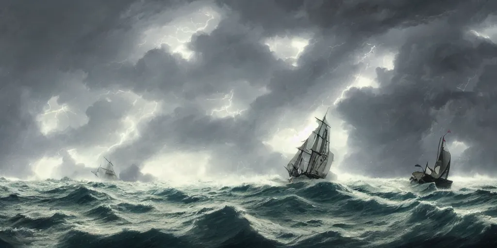 Image similar to A chinese sailing boat struggles through stormy seas, an intense storm blacks out the sky, lit by lightning, Greg Rutkowski and Studio Ghibli