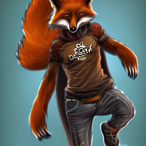 Image similar to A fox wearing a t-shirt and jeans, energetic, dynamic, digital art, highly detailed, FurAffinity, digital fantasy art, 3d