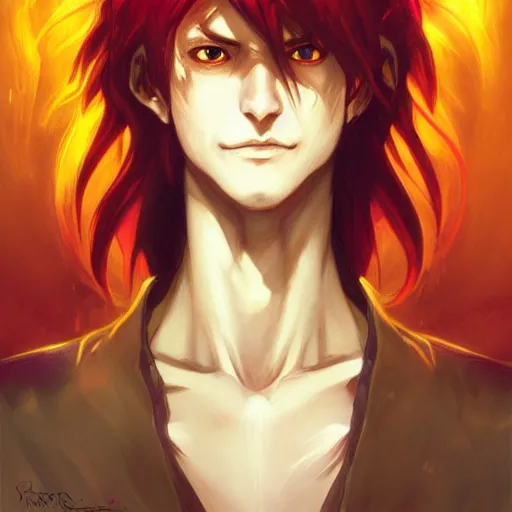 Prompt: portrait of hisoka morow hunter hunter, male, sharp jaw yellow eyes small eyes red hair crimson medium length hair, anime, fantasy, intricate, elegant, highly detailed, digital painting, artstation, concept art, matte, sharp focus, illustration, art by artgerm and greg rutkowski and alphonse mucha