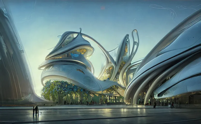 Image similar to exterior shot of utopian architecture transparent building with cinematic lighting by zaha hadid and renzo piano, darek zabrocki and greg ruthkowski, alphonse mucha, simon stalenhag, cinematic, stars, beautiful, holy place, paradise, scifi, futurism, atmospheric, concept art, artstation, trending on artstation