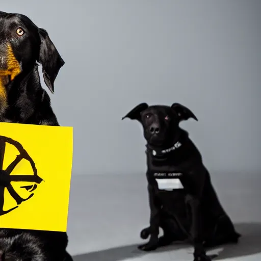 Image similar to professional photo of a dog holding a sign with a nuclear radiation warning on it skull and crossbones yellow three triangles