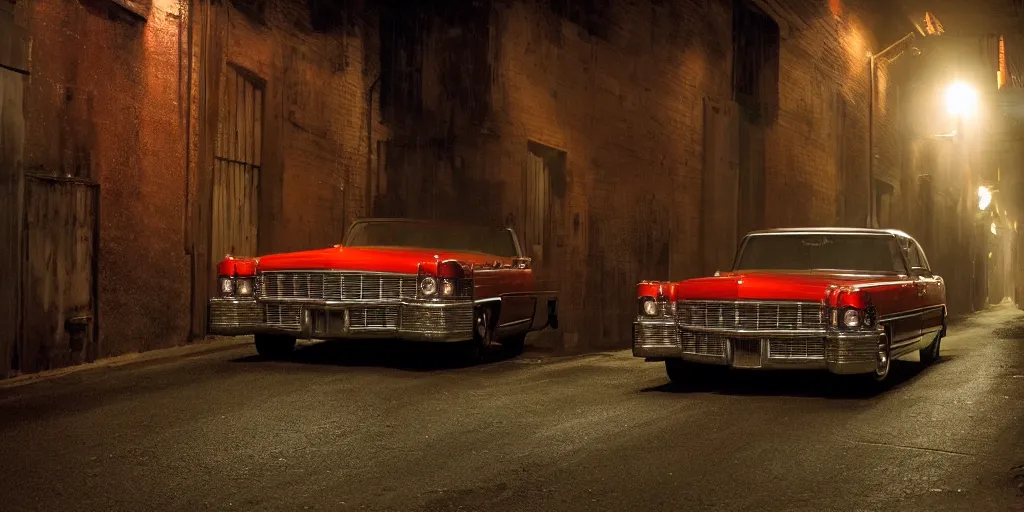 Image similar to a widescreen photo of a old dubbledecker cadillac in a dark alley, low light, by steve mccurry