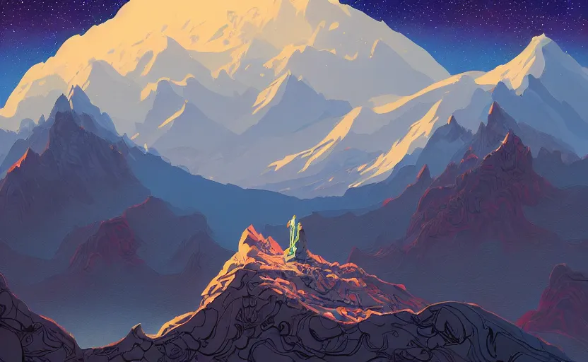 Prompt: mountains, stars and paisley filled sky, artstation, intricate, highly detailed, digital painting, concept art, sharp focus, illustration by Roger Dean and James Gilleard