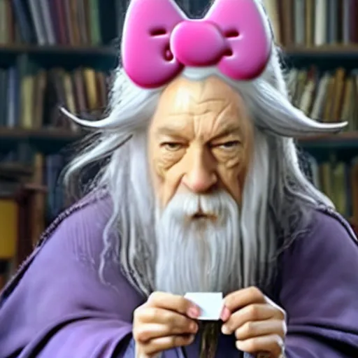 Prompt: portrait of gandalf, Hello Kitty headgear, holding a blank playing card up to the camera, movie still from the lord of the rings