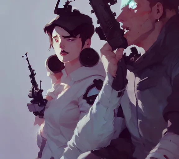 Image similar to portrait jayce and viktor by atey ghailan, by greg rutkowski, by greg tocchini, by james gilleard, by joe fenton, by kaethe butcher, by ashley wood, dynamic lighting, gradient light blue, brown, blonde cream and white color scheme, grunge aesthetic