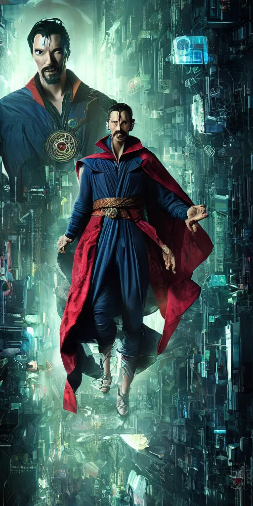 Image similar to cyberpunk, dr strange, photograph, cyborg, robot,, cinematic,