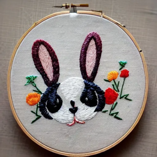 Image similar to a tiny beautiful handmade embroidery of a very cute rabbit. hand embroidery.