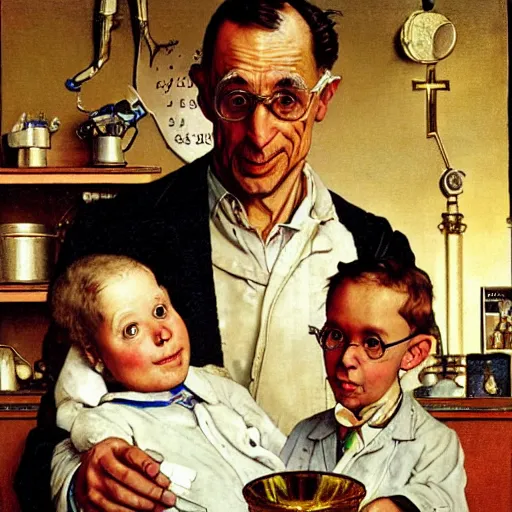 Prompt: male scientist holding a beaker next to a church altar with a child on it, painting by norman rockwell