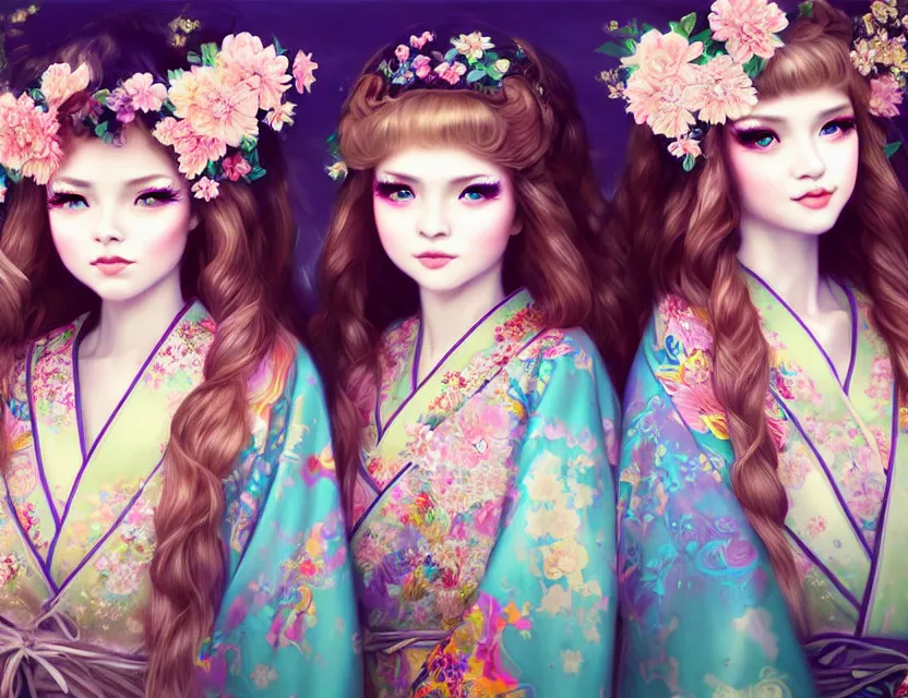 Image similar to two beautiful fashion siberian girls wear fantasy kimono in festival | | big eyes, sunny, dreamlike art, realistic shaded, smile, good looking, hyper details, 4 k realistic, cryengine, realistic shaded lighting poster by artgerm, ross tran, fuji choko, loish, 8 k resolution, trending on artstation, luxury