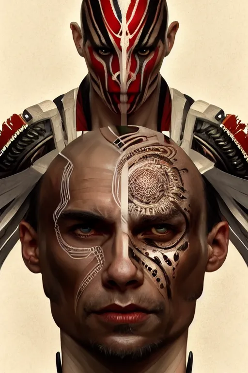Prompt: symmetry!! portrait of zahn mcclarnon in the style of god of war, machine parts embedded into face, intricate, elegant, highly detailed, digital painting, artstation, concept art, smooth, sharp focus, illustration, art by artgerm and greg rutkowski and alphonse mucha, 8 k
