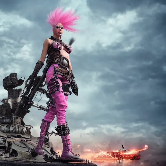 Image similar to beautiful apocalyptic woman with pink Mohawk, standing on mad max panzer tank, 4k ultra hd, fantasy dark art, tank girl, artstation, octane render