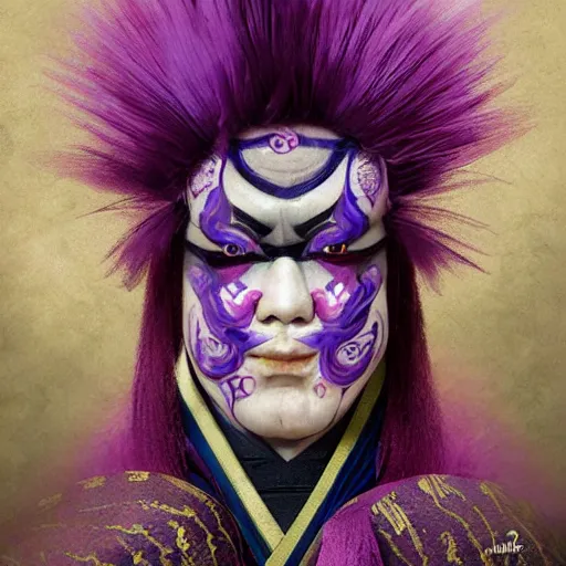 Image similar to portrait of an insane kabuki man wielding a spear covered in a distorting aura, intricate purple hakama, poofy red wig, eerie, highly detailed, dark fantasy, shallow depth of field, art by artgerm and greg rutkowski