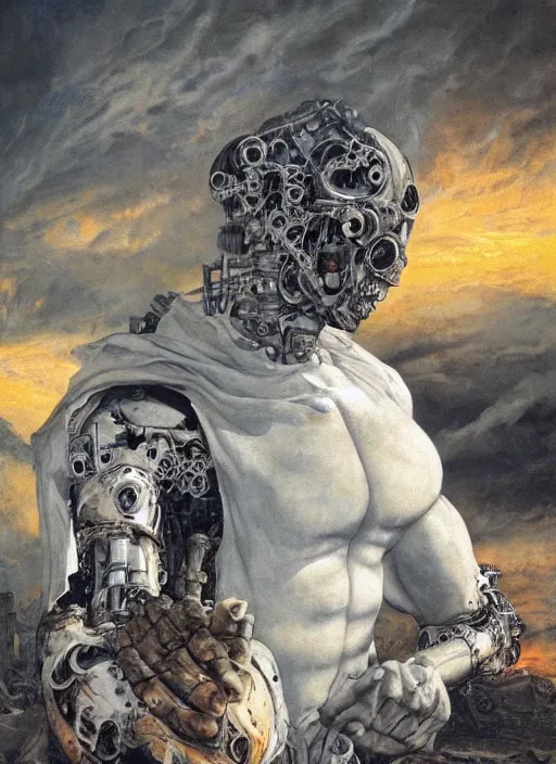 Image similar to portrait of a diabolical marble stone cyborg, wearing torn white cape, dynamic pose, thunder, glowing eyes, post apocalyptic ancient ruins, glowing veins subsurface scattering, in clouds, sunset, portrait, by gerald brom, by mikhail vrubel, by peter elson, muted colors, extreme detail, trending on artstation, 8 k