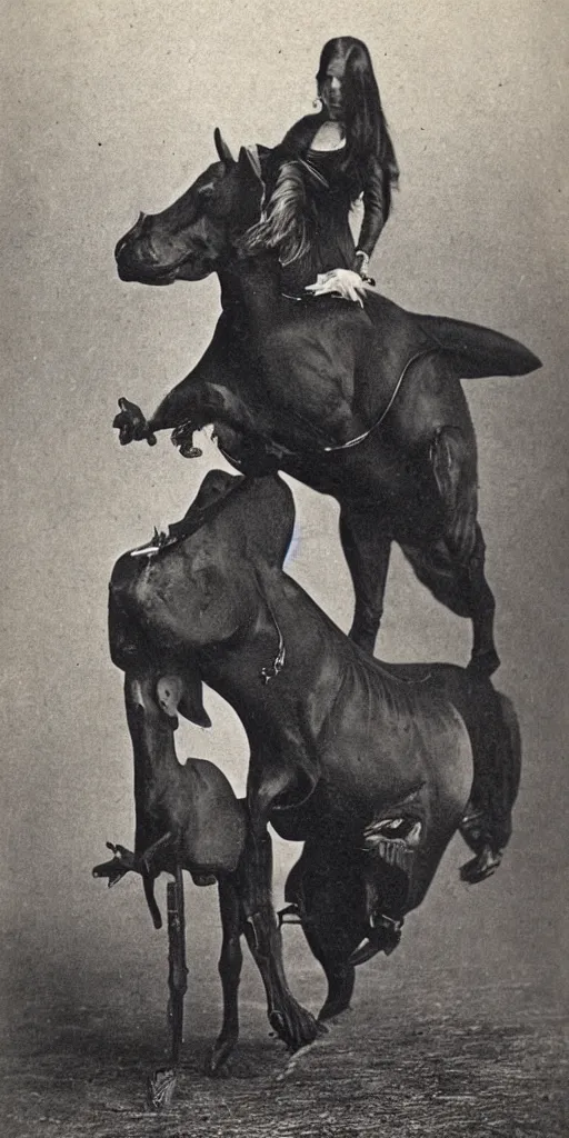 Prompt: t rex and a [ [ horse ] ] wearing heels, strange, black and white photograph, 1 8 5 0 s