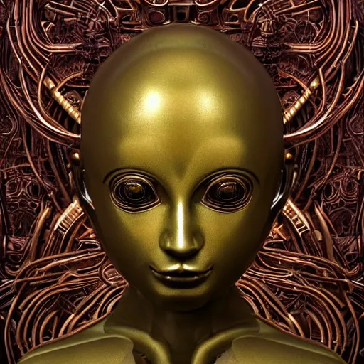 Prompt: female robot pilot, mechanical creature, electronic wires, girl face, dystopian surrealism, alex ries zdzisław beksinski giger, symmetry accurate features, very intricate details, hres, naraka buddhist demon korean female, luminous eyes, smooth marbled surfaces, cinematic smooth ceramic, deep aesthetic, concept art, carved silver texture golden cloth, highly ornate intricate details