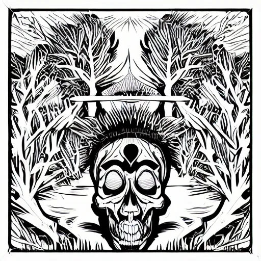 Image similar to dark death metal themed vector illustration for a record label, trees. forest, spikes, skull, microphone, skull, award winning, grunge, iconic, golden ratio