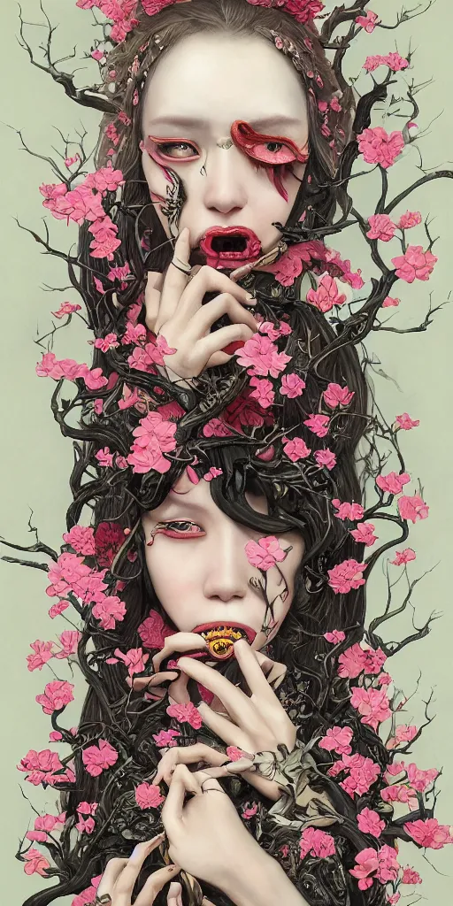 Prompt: breathtaking detailed concept art painting of a woman with snakes crawling in her mouth and eyes flowers, black pink ornate background, twisted branches of leaves and flowers, by Hsiao-Ron Cheng, esao andrews, James jean, Miho Hirano, takato yamamoto, centipedes, bloody waves extremely moody lighting, 8K