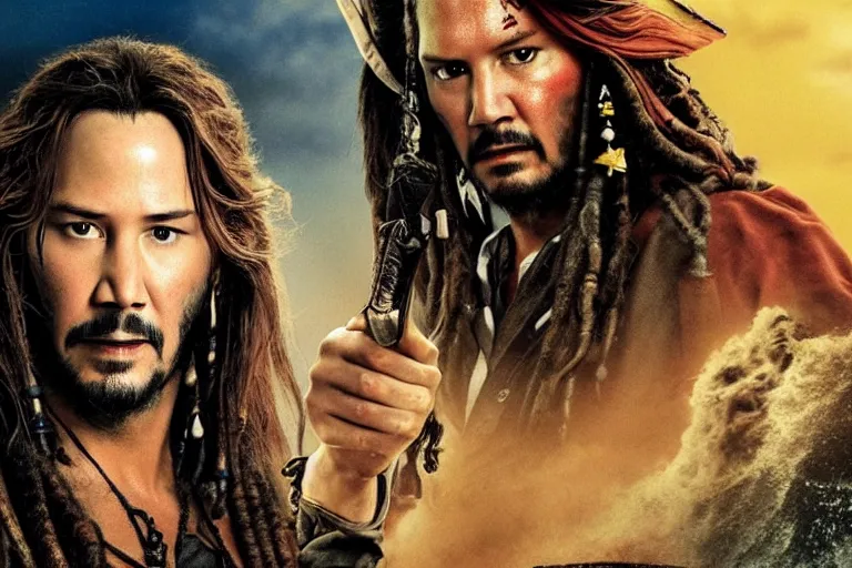 Image similar to promotional image of Keanu Reeves as a pirate in Pirates of the Caribbean: The Curse of the Black Pearl (2003 film), detailed face, movie still, promotional image, imax 70 mm footage