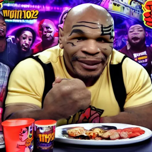 Prompt: mike tyson mukbang, hyperrealistic, garbage pail kids