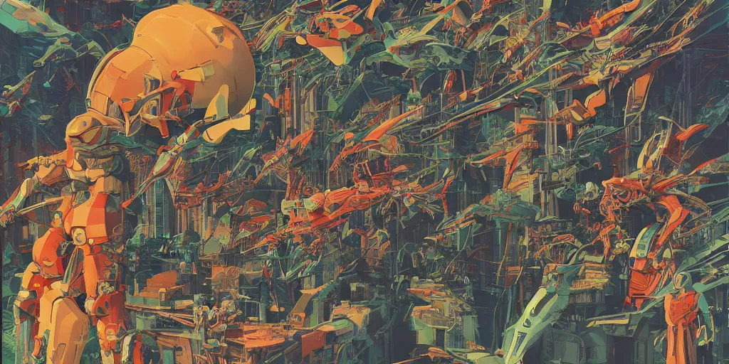 Image similar to risograph rendition, gigantic mecha arzach birds with dragonflies, tiny rats, a lot of exotic animals around, big human faces everywhere, helicopters and tremendous birds, by satoshi kon and moebius, matte bright colors, surreal design, crispy, super - detailed, a lot of tiny details, fullshot