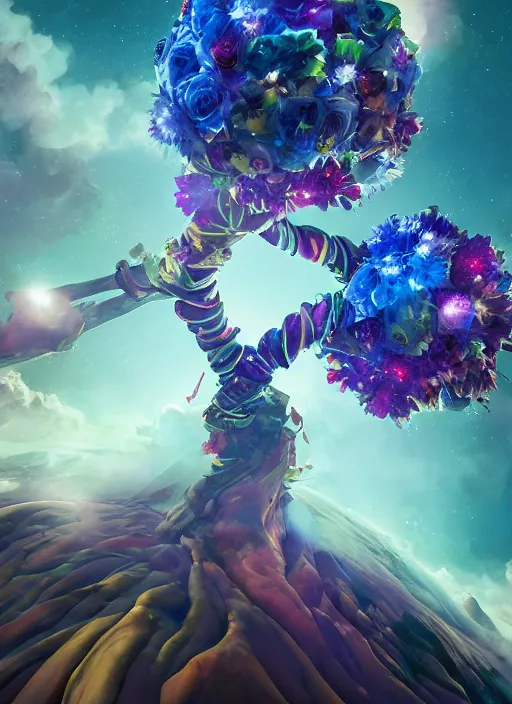 Image similar to An epic fantastic realism comic book style painting of the most beautiful entwined flowers launched across the galactic sky, nebulous bouquets, fisheye lens, unreal 5, DAZ, hyperrealistic, octane render, dynamic lighting