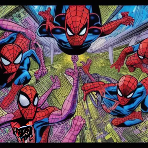 Image similar to spider - man in the 5 th dimension, acid trip visuals, scarlet spider - man, trippy, lsd, 5 th dimensional warp, amazing spider - man, dmt art