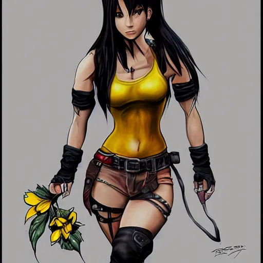 Prompt: concept art of tifa lockhart with tattoos, holding a yellow flower, high quality, detailed, trending on artstartion