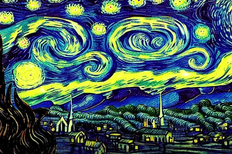 Image similar to man is seeing old god eldritch horror cthulhu terrifying the night sky of a city, epic scene, hyper - detailed, gigantic cthulhu, photo - realistic wallpaper, dark art, van gogh style