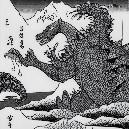 Image similar to Godzilla attacks Tokyo in the style of Hokusai