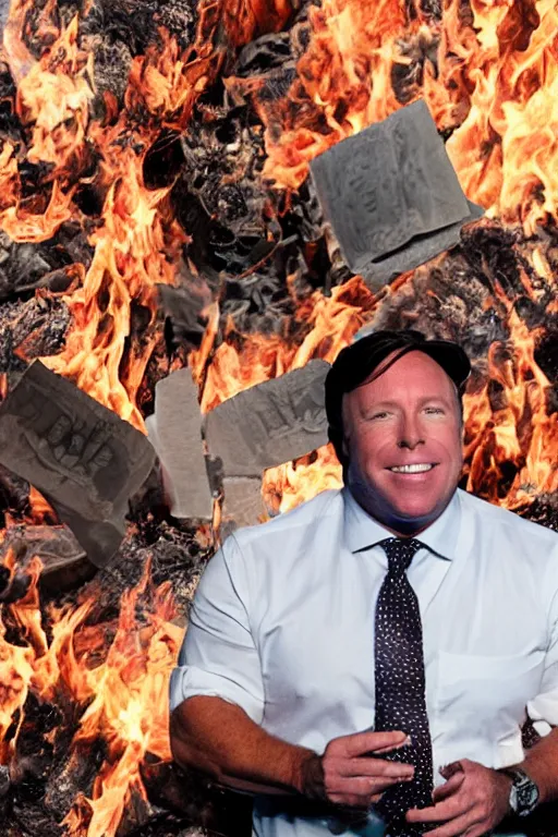 Image similar to Alex Jones burning a giant pile of 45 million dollars. Photo realistic. Award winning
