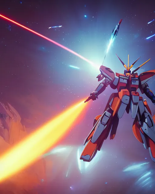 Image similar to highly detailed vfx portrait of a gundam with wings of feathers beam saber fighting in space with a beam gun, unreal engine, greg rutkowski, loish, rhads, beeple, makoto shinkai and lois van baarle, ilya kuvshinov, rossdraws, tom bagshaw, alphonse mucha, global illumination, detailed and intricate environment