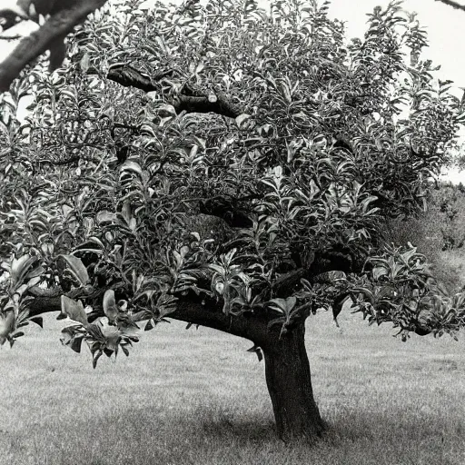 Prompt: a vintage photo of an old apple computer with an apple tree growing out of it