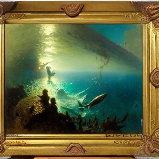 Image similar to point of view of deep in the ocean looking up, you see fishes, higher up you see the milk way, night time. highly detailed painting by gaston bussiere, greg rutkowski 8 k