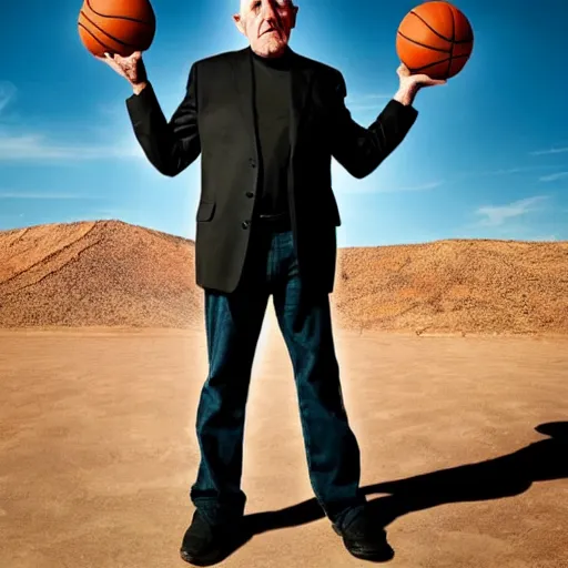Image similar to mike ehrmantraut from breaking bad playing basketball at a desert, professional photography, cinematic, hd