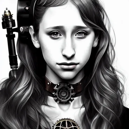 Prompt: in the style of diego fazio, artgerm, beautiful taissa farmiga, steampunk, elegant pose, middle shot waist up, symmetrical face symmetrical eyes, cinematic lighting, detailed realistic eyes, short neck, insanely detailed and intricate elegant