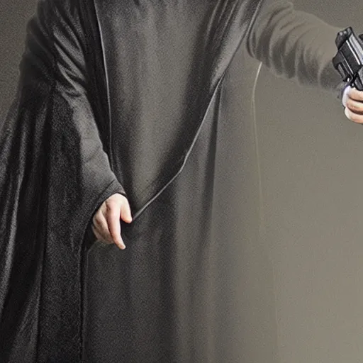 Prompt: a figure shadowed in a cloak with a giant handgun sticking out