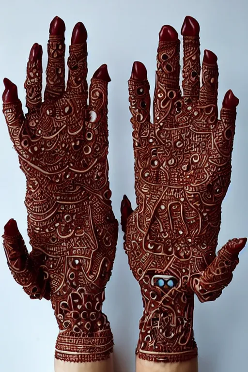 Prompt: ceramic robotic hand covered in henna