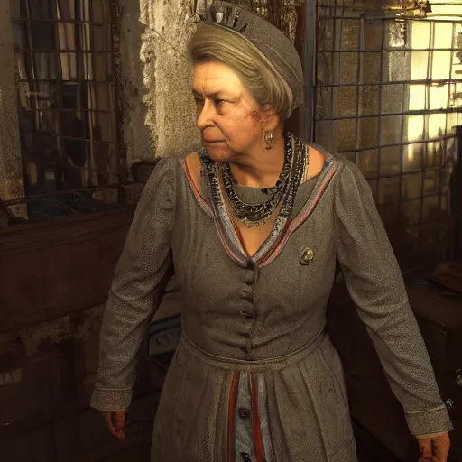 Prompt: Queen Elizabeth as an NPC in Dying Light, gameplay screenshot, insanely detailed face