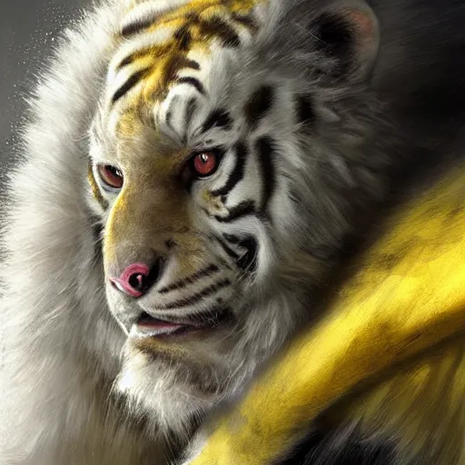 Image similar to a beautfiul award winning aesthetic commission of an antrho albino tiger wearing a yellow-black padded hooded puffer jacket,digital art,art by greg rutkowski,character design by charles bowater,ross tran,photorealistic,detailed face,hyperdetailed,western comic,2021,artstation,deviantart,detailed face