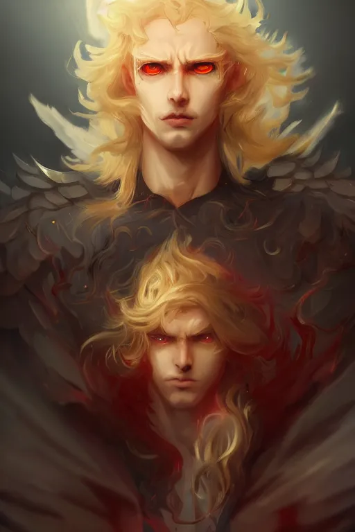 Prompt: digital art of a pale menacing Angel of Battle with fluffy blond curls of hair and piercing red eyes, central composition, gilded black uniform, he commands the fiery power of resonance and wrath, by WLOP, Artstation, CGsociety