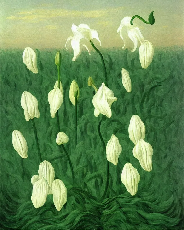 Image similar to achingly beautiful painting of one white lily on green background rene magritte, monet, and turner. piranesi.