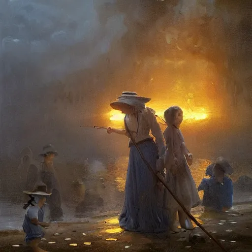 Image similar to hell, with real demons and little girls wearing a blue and white fishing hats by Greg Rutkowski, tonalism, extremely detailed, UHD, correct faces, real hellscape in background, hyperrealistic hell