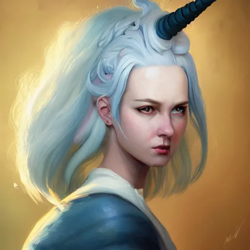 Image similar to a girl with lush white hair and a unicorn horn on head, portrait, rim light, vintage, highly detailed, oil painting, digital illustration, concept art, smooth, sharp focus, pleasing aesthetics, josan gonzalez, ralph mcquarrie